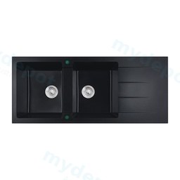[44627] 1160x500x210mm Cora Black Granite Sink Double Bowl With Drainer Left Hand Bowl