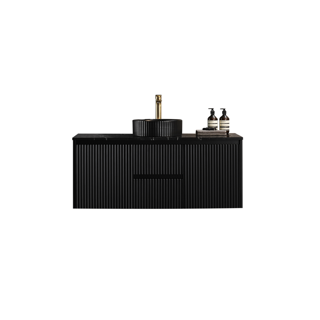 1190X455X480mm Matte Black Crete Modern Fluted Wall Hung Vanity PVC Cabinet,Center Drawer