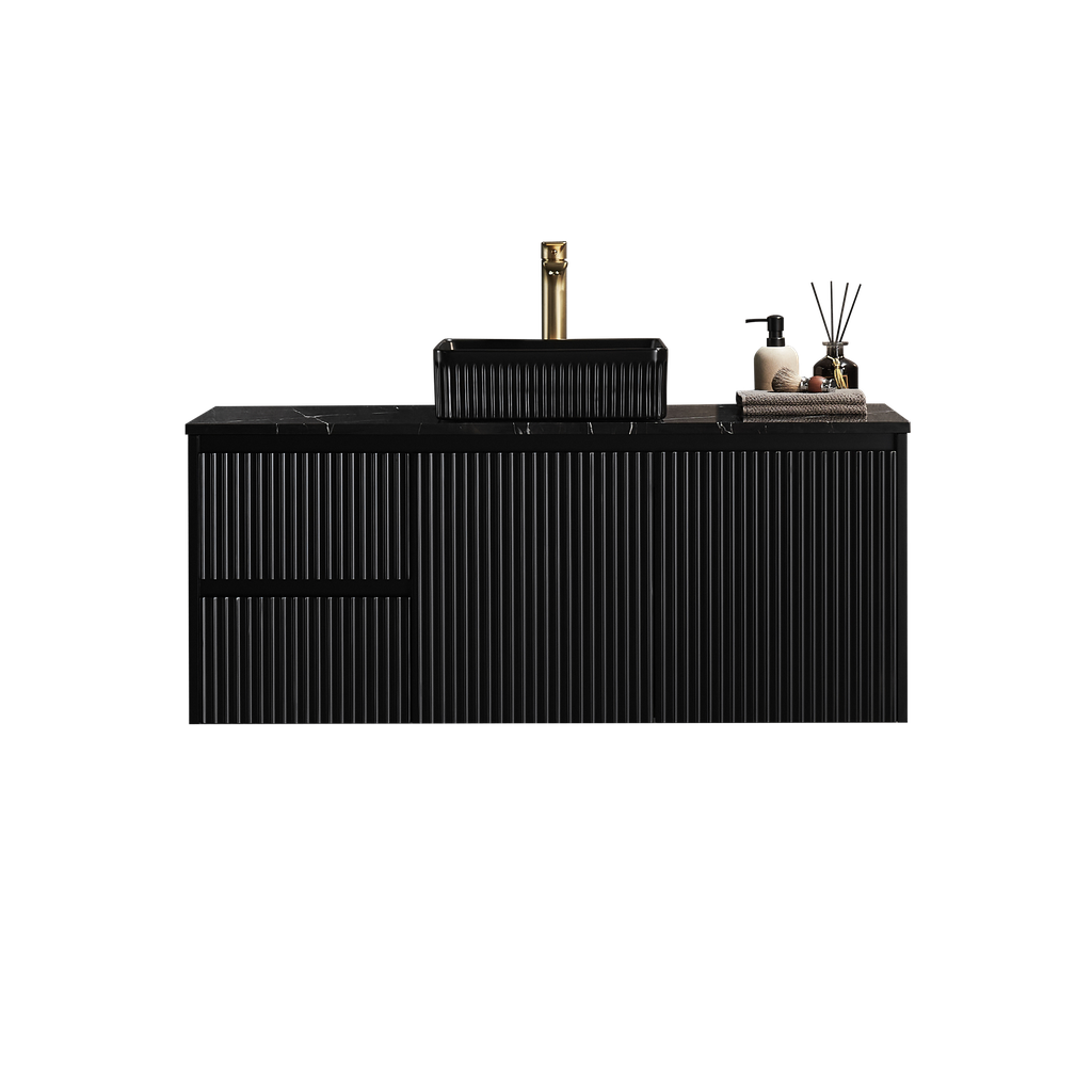 1190X455X480mm Matte Black Crete Modern Fluted Wall Hung Vanity PVC Cabinet,Left Hand Drawers