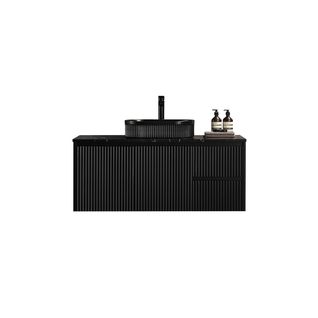 1190X455X480mm Matte Black Crete Modern Fluted Wall Hung Vanity PVC Cabinet,Right Hand Drawers