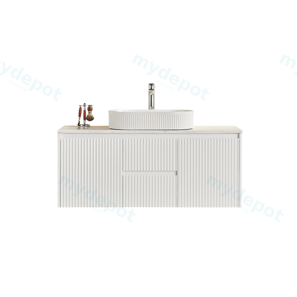 [56605] 1190X455X480mm Matte White Crete Modern Fluted Wall Hung Vanity PVC Cabinet,Center Drawer