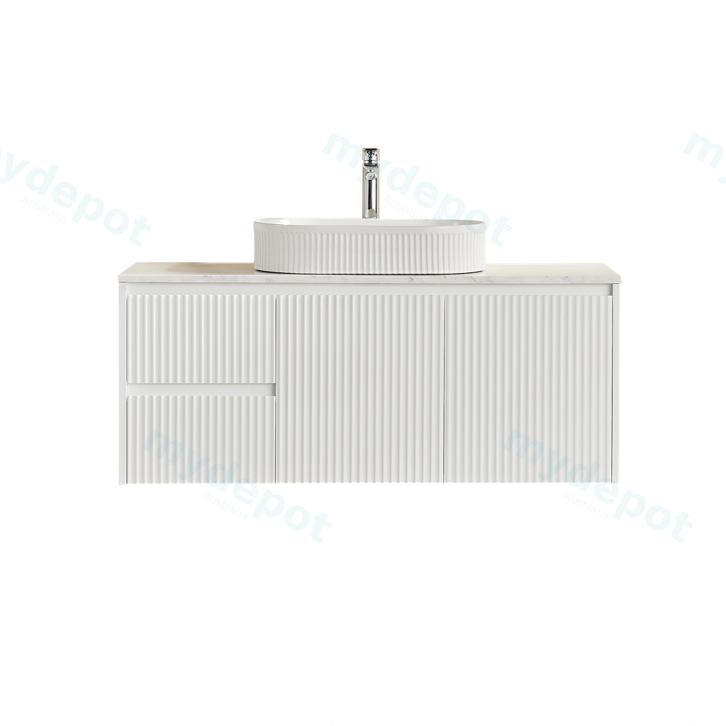 [56603] 1190X455X480mm Matte White Crete Modern Fluted Wall Hung Vanity PVC Cabinet,Left Hand Drawers