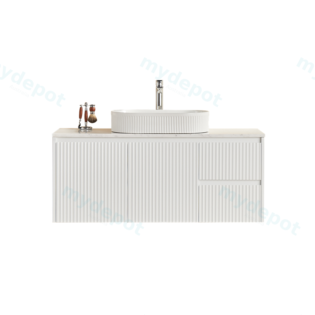 [56604] 1190X455X480mm Matte White Crete Modern Fluted Wall Hung Vanity PVC Cabinet,Right Hand Drawers