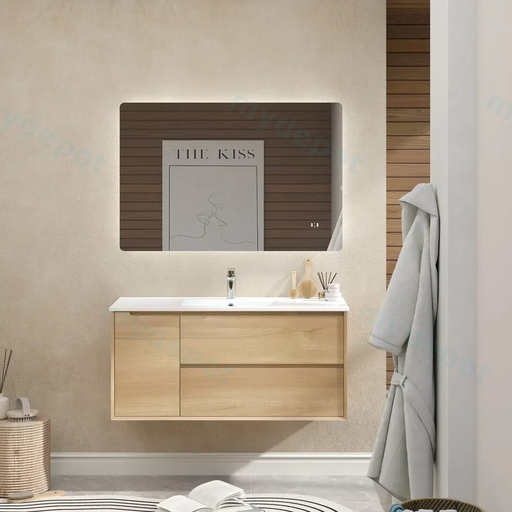 [93407/BE1246W-NO] 1200mm Bell Collection Natural Oak Plywood 2 Right Drawers 1 Left Door Wall Hung Bathroom Vanity Cabinet Only