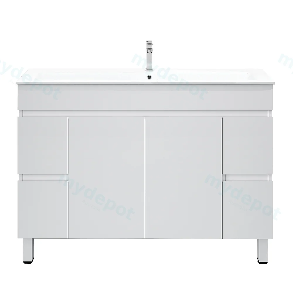 [50511] 1200*450*710mm Freestangding Gloss White PVC Vanity With Double Ceramic Top