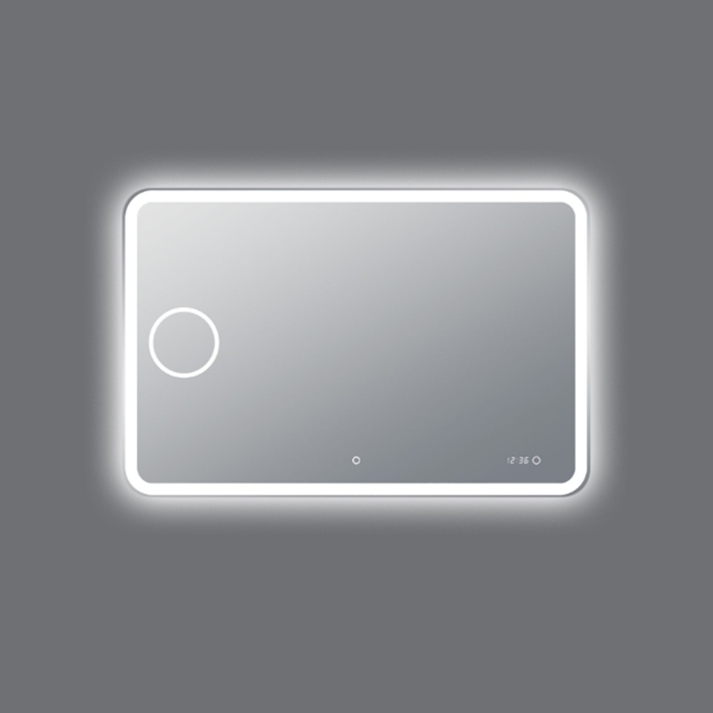 1200*800mm Curved Rim Rectangle 3 Color Lighting Backlit Acrylic LED Mirror Magnifier Touch Sensor Switch Defogger Pad Wall Mounted Digital Clock with Temperature