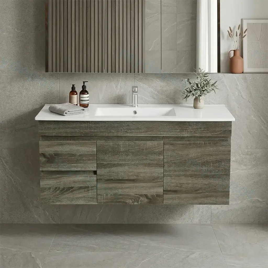 [93174/B124LW-DG] 1200mm Dark Grey MDF Wall Hung Bathroom Vanity Cabinet Only Left Drawer PVC Vacuum Filmed