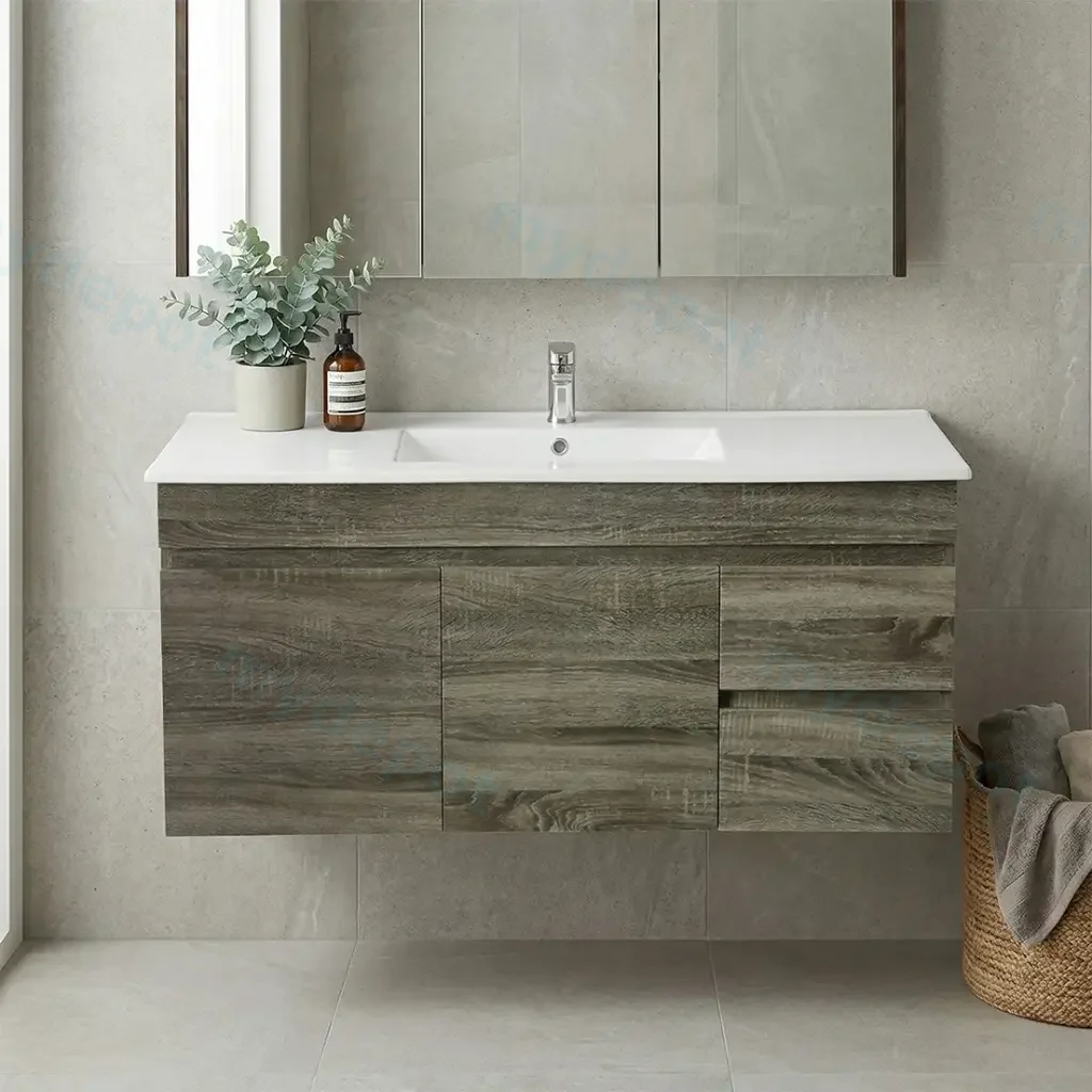 [93170/B124RW-DG] 1200mm Dark Grey MDF Wall Hung Bathroom Vanity Cabinet Only Right Drawer PVC Vacuum Filmed