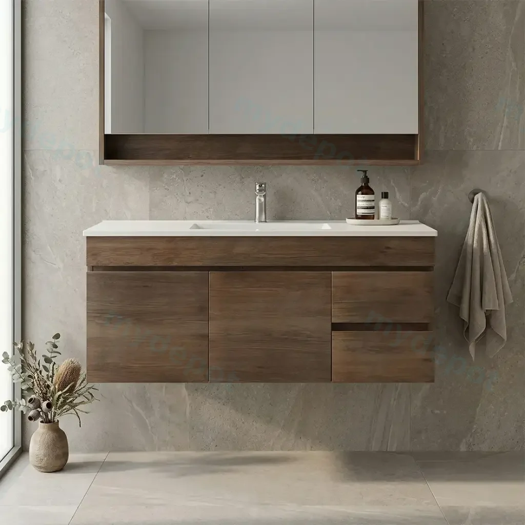 [93171/B124RW-DO] 1200mm Dark Oak MDF Wall Hung Bathroom Vanity Cabinet Only Right Drawer PVC Vacuum Filmed