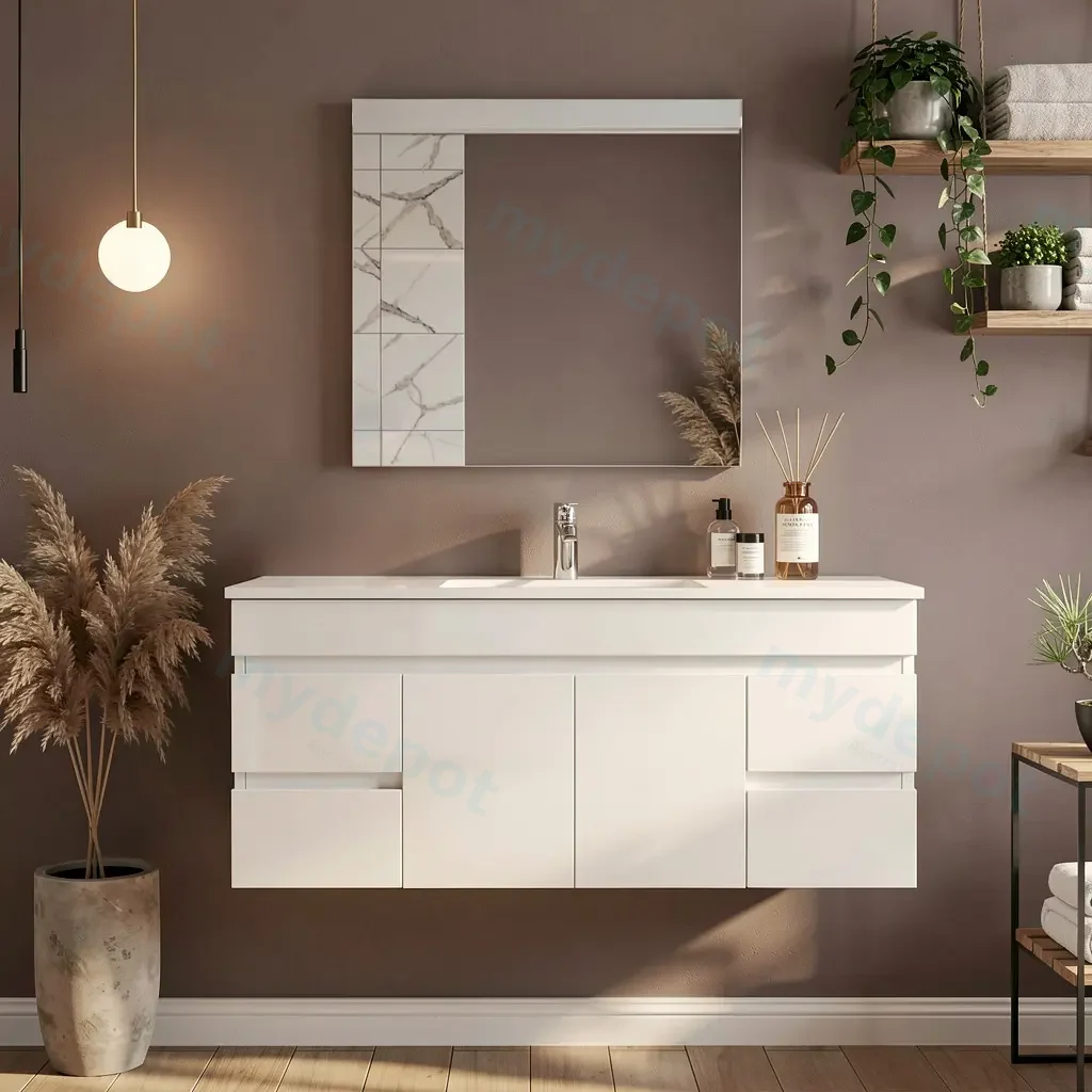 [91024/M124W]   1200mm Gloss White MDF 2 Middle Doors 4 Side Drawers Wall Hung Bathroom Vanity Cabinet Only
