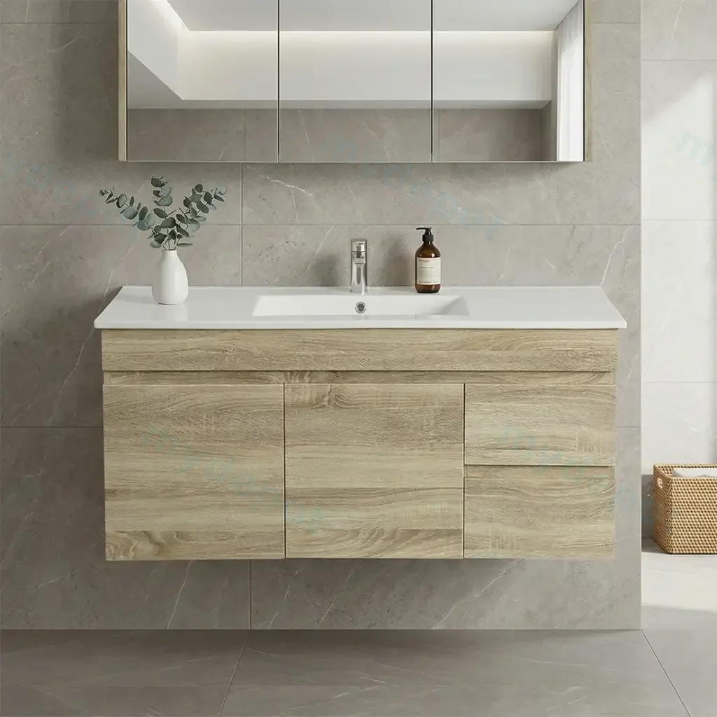 [93169/B124RW-WO] 1200mm White Oak MDF Wall Hung Bathroom Vanity Cabinet Only Right Drawer PVC Vacuum Filmed
