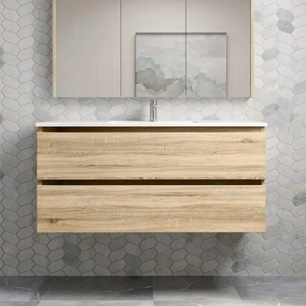 [93017/Q1246WO] 1200mm White Oak MDF 2 Drawers Wall Hung Bathroom Vanity Cabinet Only