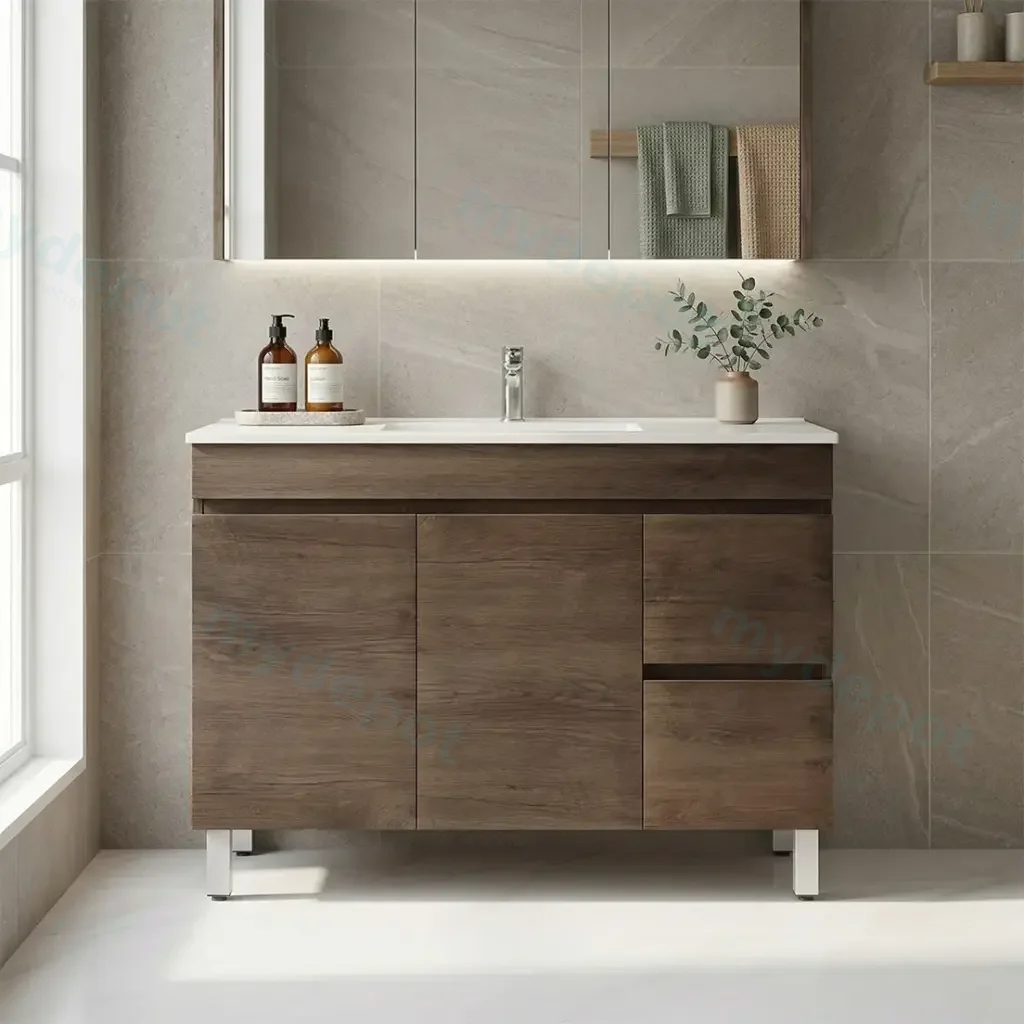 [93131/B124RL-DO] 1200mm Dark Oak MDF Freestanding Bathroom Vanity Cabinet Only Right Drawer PVC Vacuum Filmed