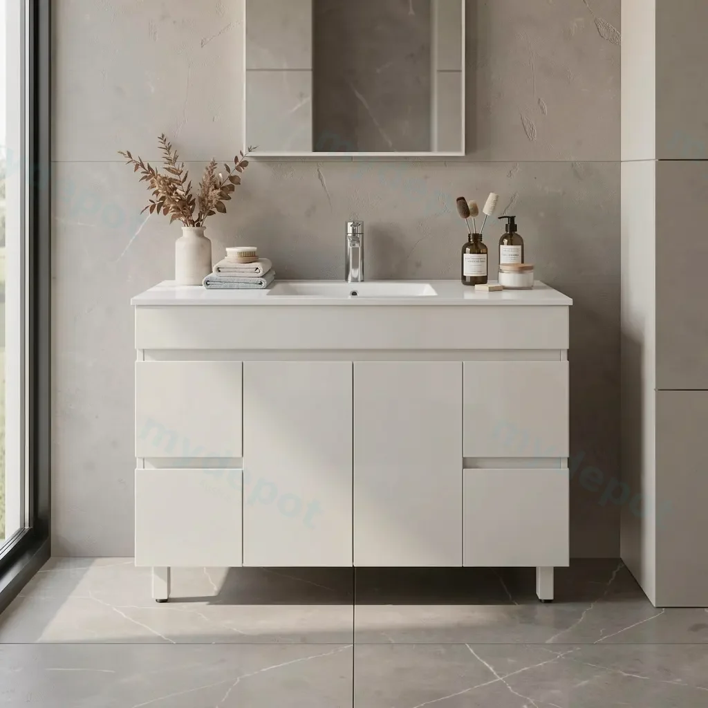 [91022/M124L] 1200mm Gloss White MDF 2 Middle Doors 4 Side Drawers Freestanding Bathroom Vanity Cabinet Only
