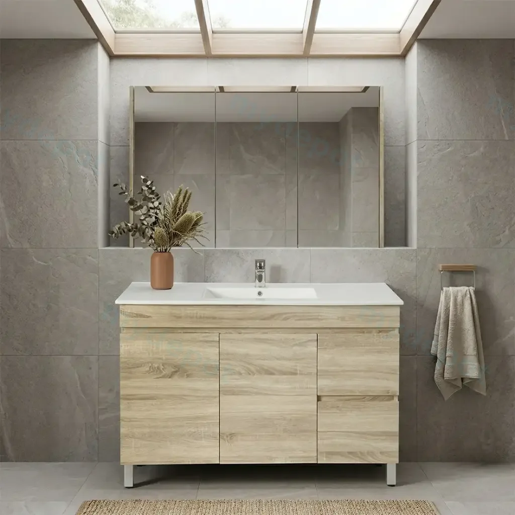 [93129/B124RL-WO] 1200mm White Oak MDF Freestanding Bathroom Vanity Cabinet Only Right Drawer PVC Vacuum Filmed