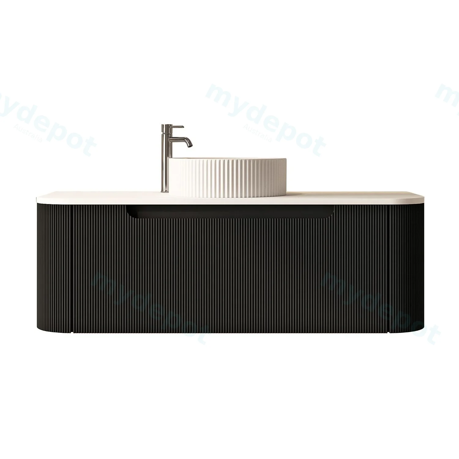 [50772] 1200x460x400mm Rome Matt Black Round Edge Grooved Wall Hung MDF Vanity With White Quartz Stone Top One Soft Closing Drawer
