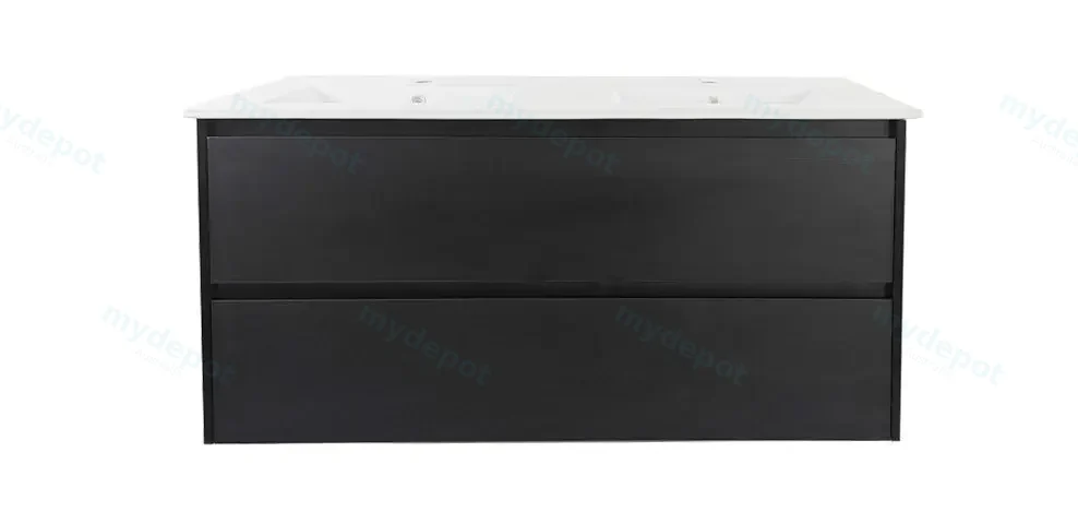 [50728] 1200x460x560mm Hera Black Oak Wall Hung MDF Vanity With Double Bowls Ceramic TOP Two Soft Closing Drawers