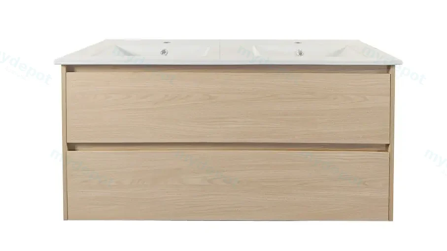 [50745] 1200x460x560mm Hera Tas Oak Wall Hung MDF Vanity With Carrara White Stone Top Two Soft Closing Drawers