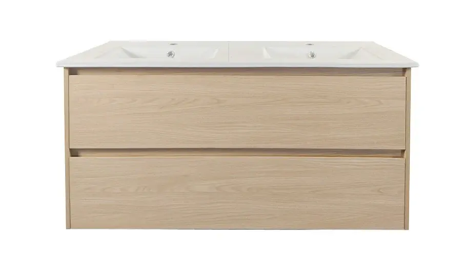 1200x460x560mm Hera Tas Oak Wall Hung MDF Vanity With Luna White Stone Top Two Soft Closing Drawers