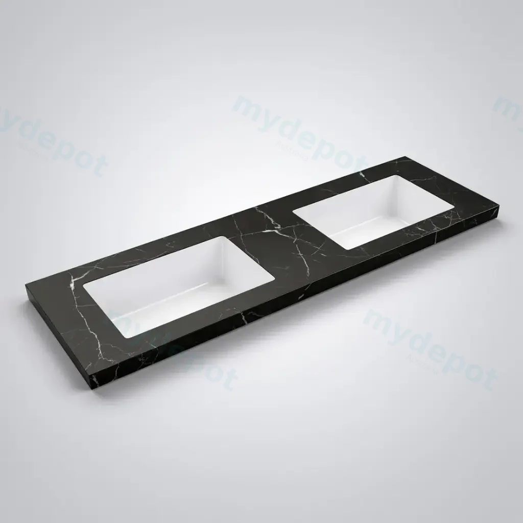 [56443] 1205X465X50mm Calacatta Night Black Sintered Stone Semless Joined With Fine Ceramic Basin Stone Double Bowl