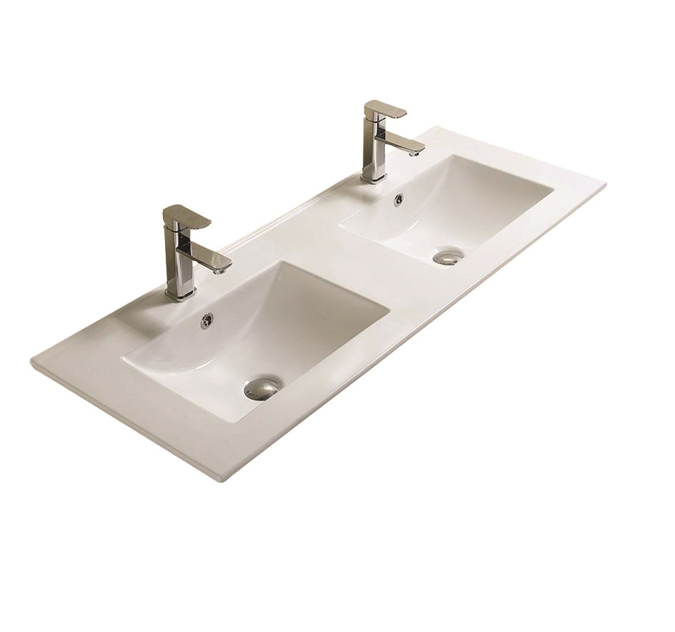 1210*465*180 Gloss White Crete Fine Ceramic Counter Top Tap Hole, Double Bowl Overflow,32mm Waste