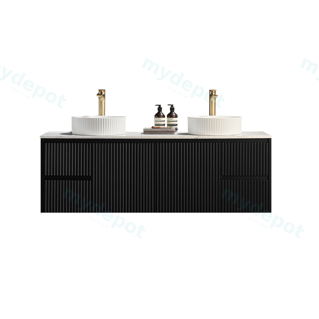 [56616] 1490X455X480mm Matte Black Crete Modern Fluted Wall Hung Vanity PVC Cabinet