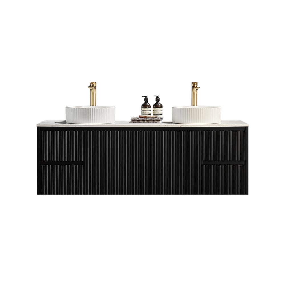 [56616] 1490X455X480mm Matte Black Crete Modern Fluted Wall Hung Vanity PVC Cabinet