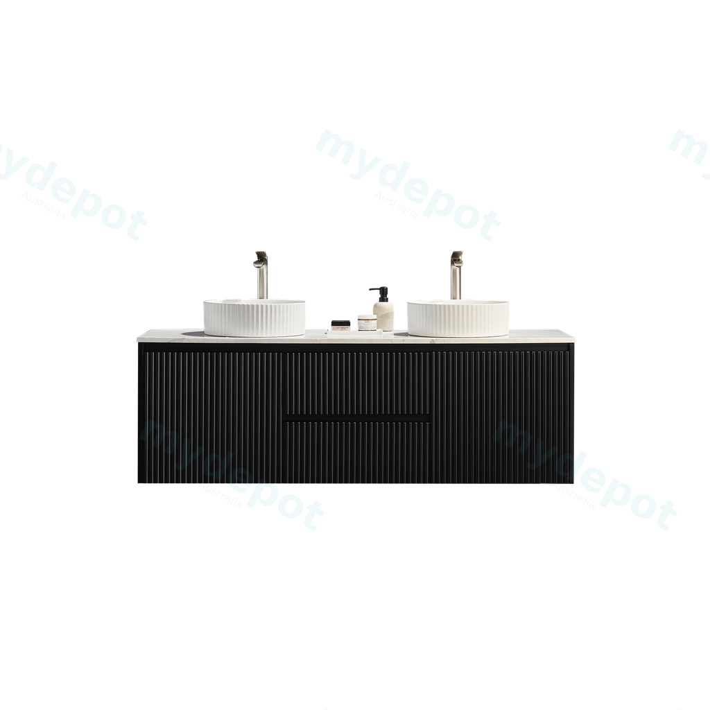 [56617] 1490X455X480mm Matte Black Crete Modern Fluted Wall Hung Vanity PVC Cabinet