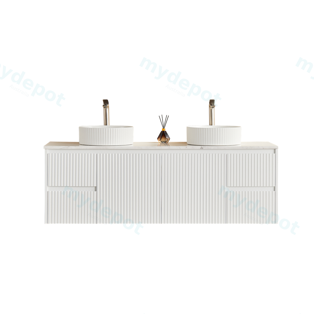 [56606] 1490X455X480mm Matte White Crete Modern Fluted Wall Hung Vanity PVC Cabinet