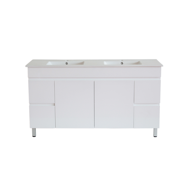 1500*450*710mm Freestangding Gloss White PVC Vanity With Double Ceramic Top