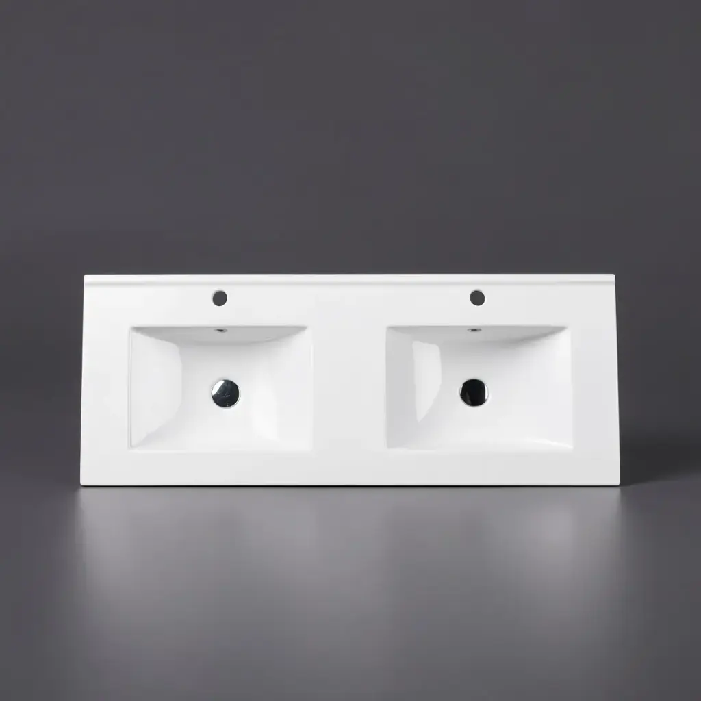 1500*460*175mm Gloss White Double Bowl Ceramic Top With Mixer Hole