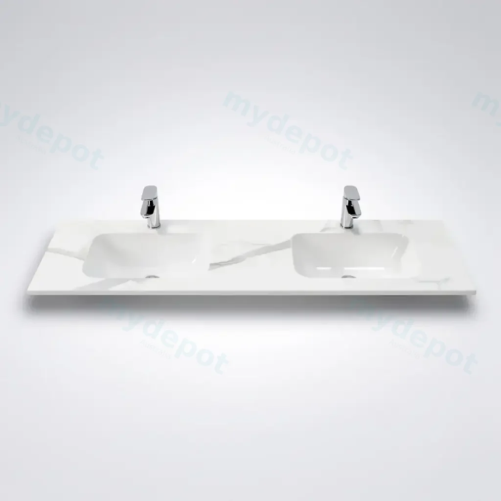 [90205/UMST1546D-WM] 1500Lx460Dx180Hmm White Marble Look Sintered Stone Top With Double Undermount Basin