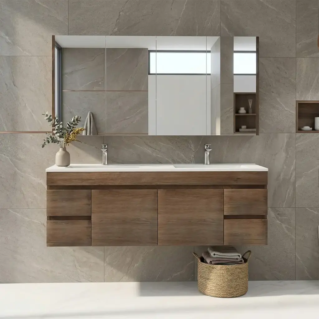 1500mm Dark Oak MDF Wall Hung Bathroom Vanity Cabinet Only PVC Vacuum Filmed