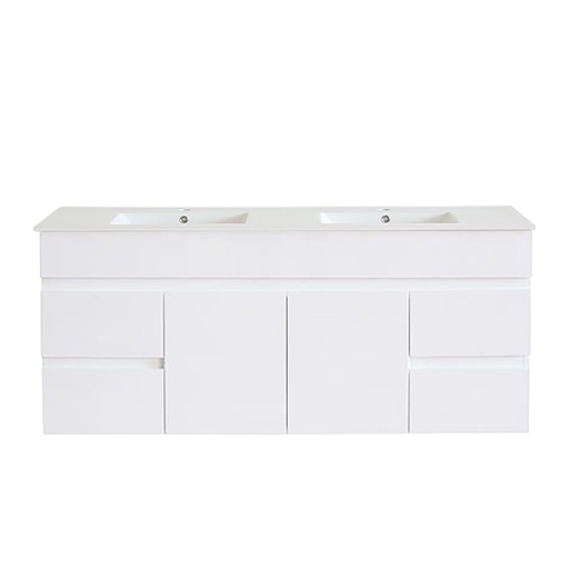 1500Lx500Hx450Dmm Gloss White 2PAC MDF 4S/DW 2M/DR Wall Hung Vanity