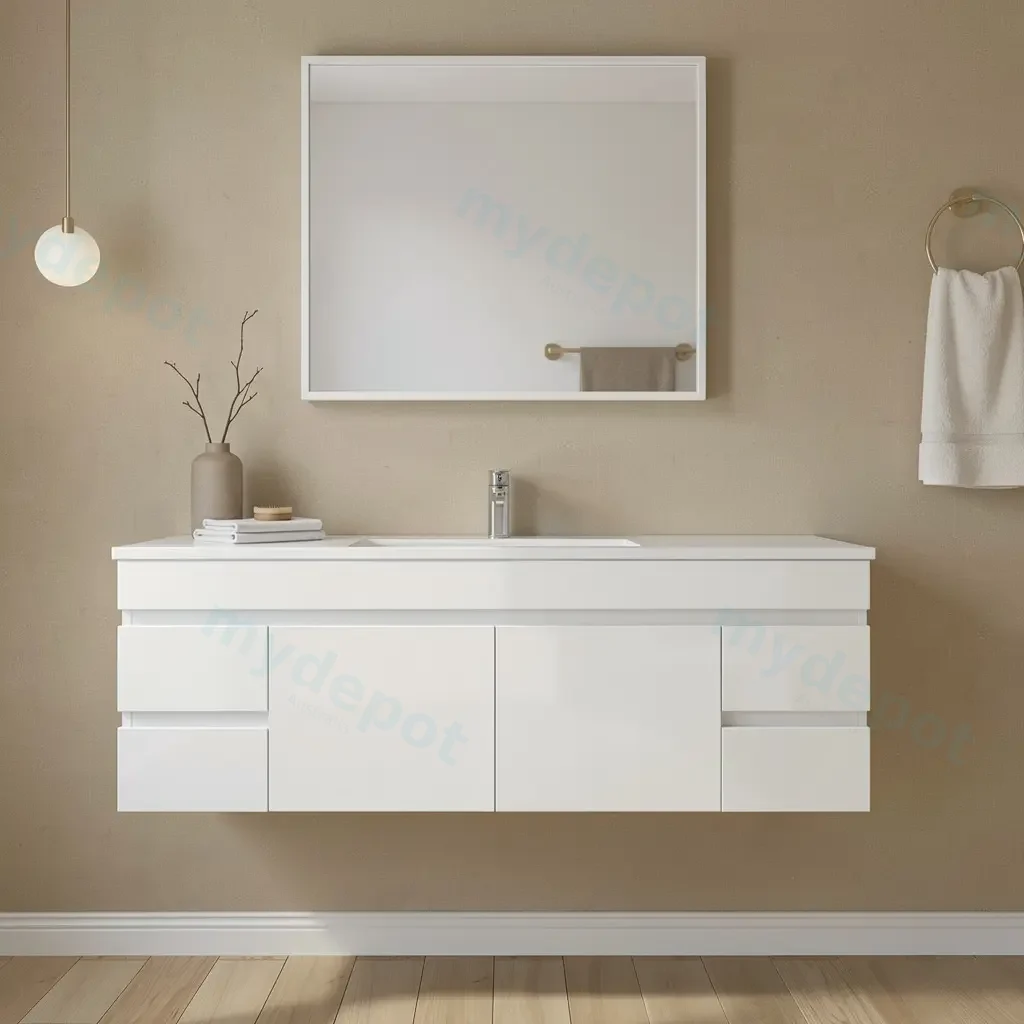 [91027/M154W] 1500mm Gloss White MDF 4 Side Drawers 2 Middle Doors Wall Hung Bathroom Vanity Cabinet Only