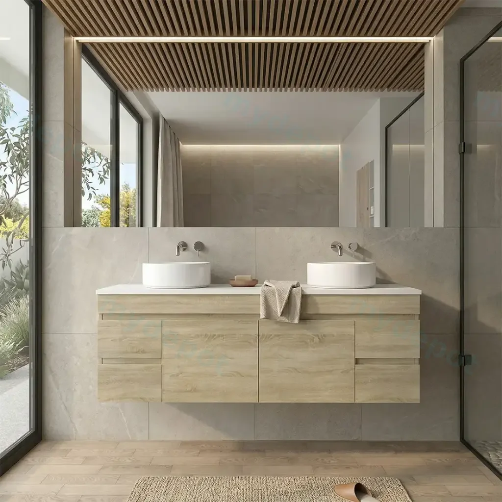 [93177/B154W-WO] 1500mm White Oak MDF Wall Hung Bathroom Vanity Cabinet Only PVC Vacuum Filmed