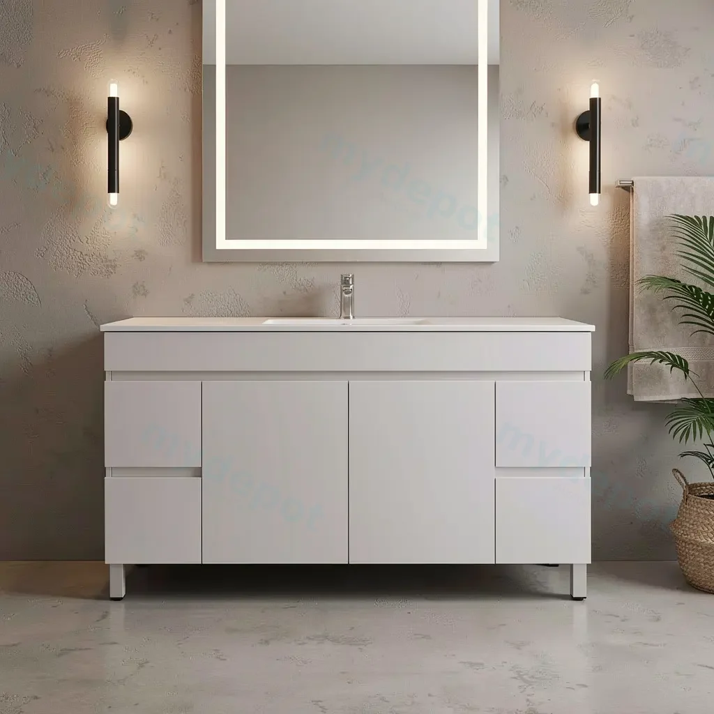 [91026/M154L] 1500mm Gloss White MDF 4 Side Drawers 2 Middle Doors Freestanding Bathroom Vanity Cabinet Only