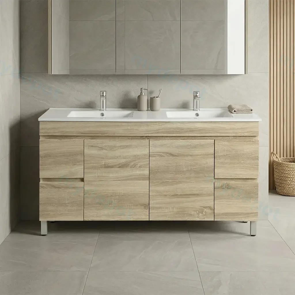 [93137/B154L-WO] 1500mm White Oak MDF Freestanding Bathroom Vanity Cabinet Only PVC Vacuum Filmed