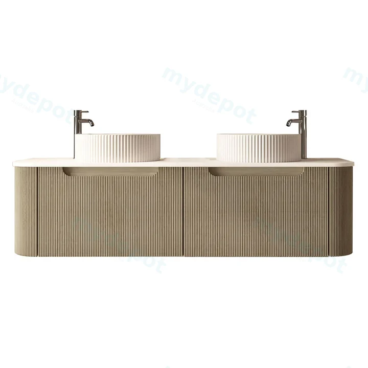 [50774] 1500x460x400mm Rome Bur Oak Round Edge Grooved Wall Hung MDF Vanity With White Quartz Stone Top Two Soft Closing Drawer