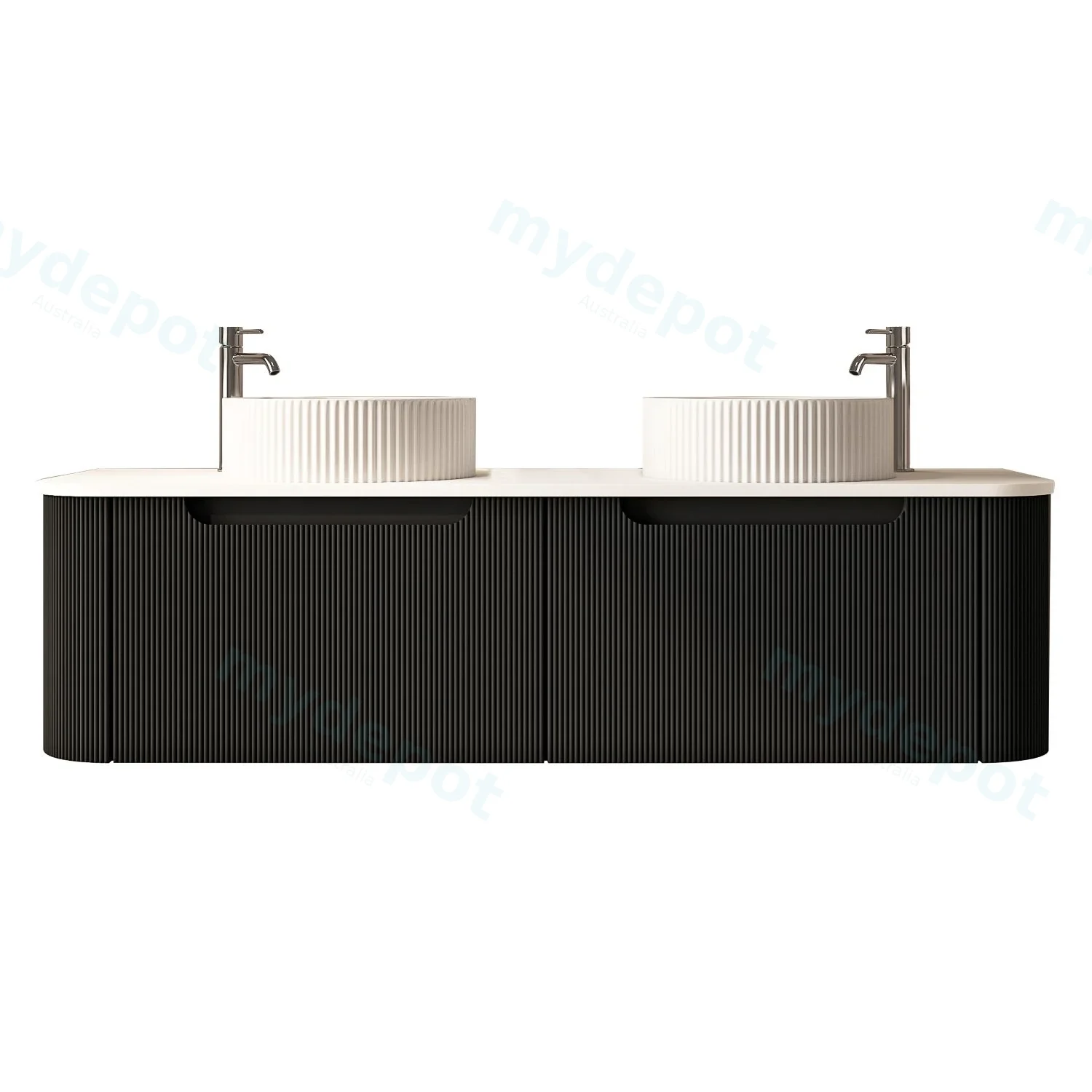 [50775] 1500x460x400mm Rome Matt Black Round Edge Grooved Wall Hung MDF Vanity With White Quartz Stone Top Two Soft Closing Drawer