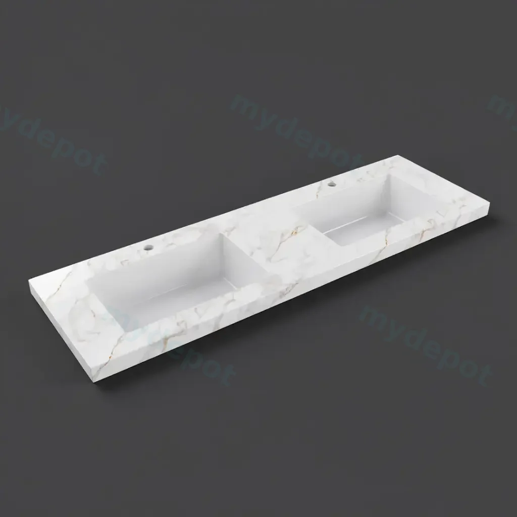 [56430] 1505X465X50mm Carrara Gold Sintered Stone Semless Joined With Fine Ceramic Basin Stone Double Bowl