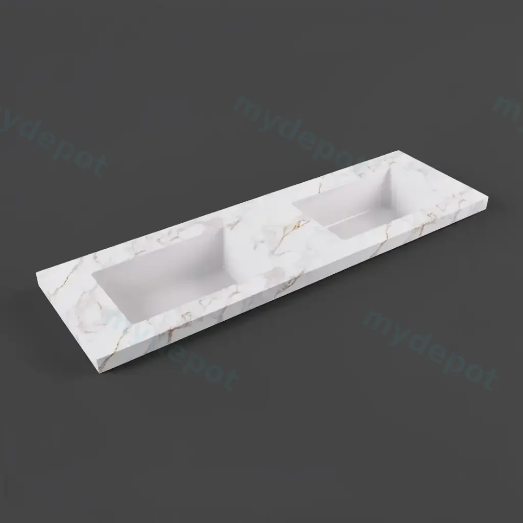 [56437] 1505X465X50mm Carrara Gold Sintered Stone Semless Joined With Fine Ceramic Basin Stone Double Bowl No Tap Hole