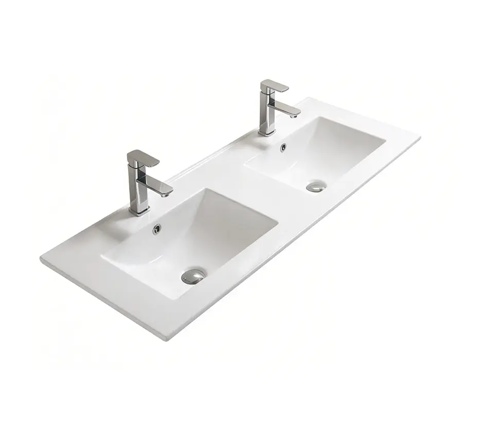 1510*465*180 Gloss White Crete Fine Ceramic Counter Top Tap Hole, Double Bowl Overflow,32mm Waste