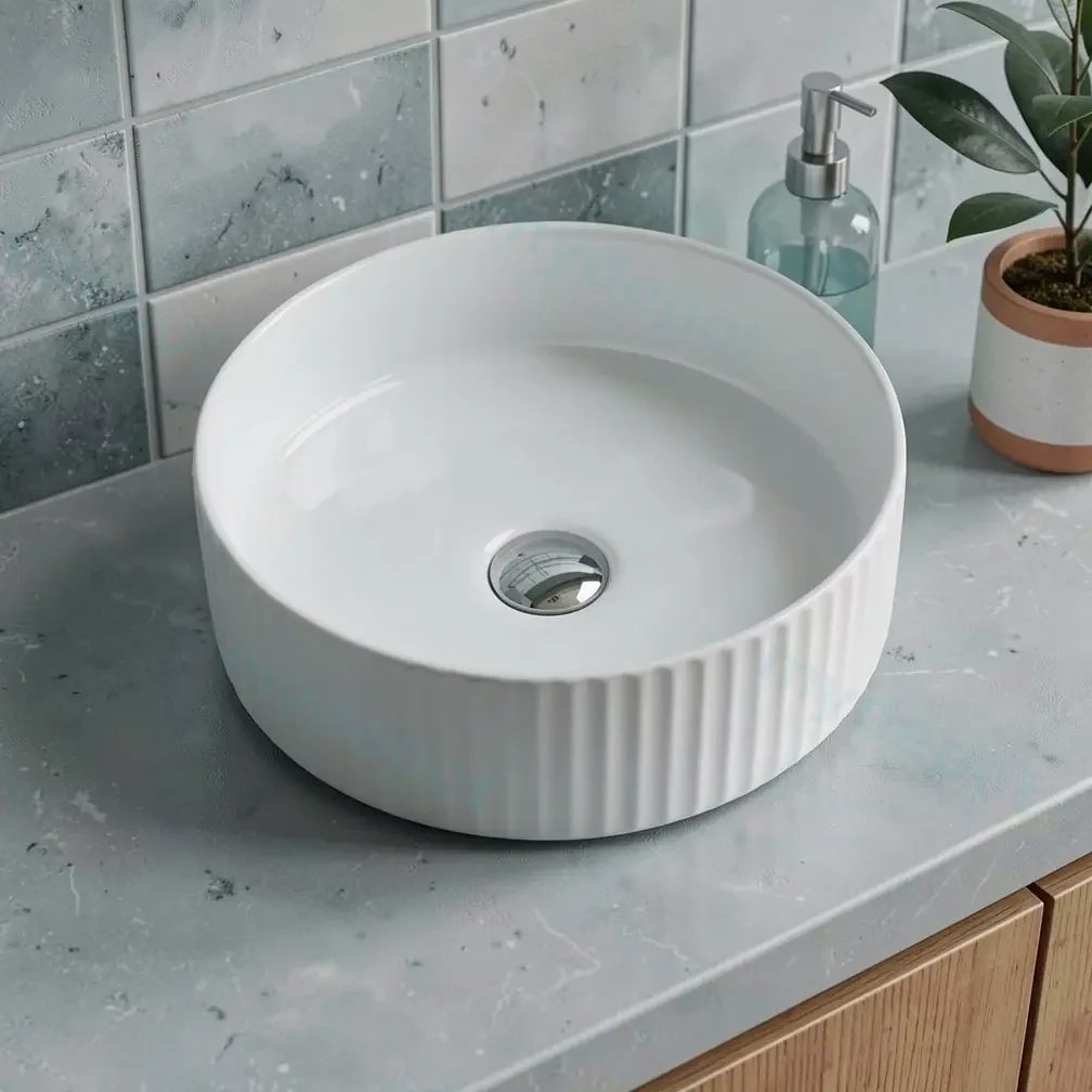 [50014] 360*360*120mm Cora Above Counter Fluted Gloss White Circle Basin (New Arrival)