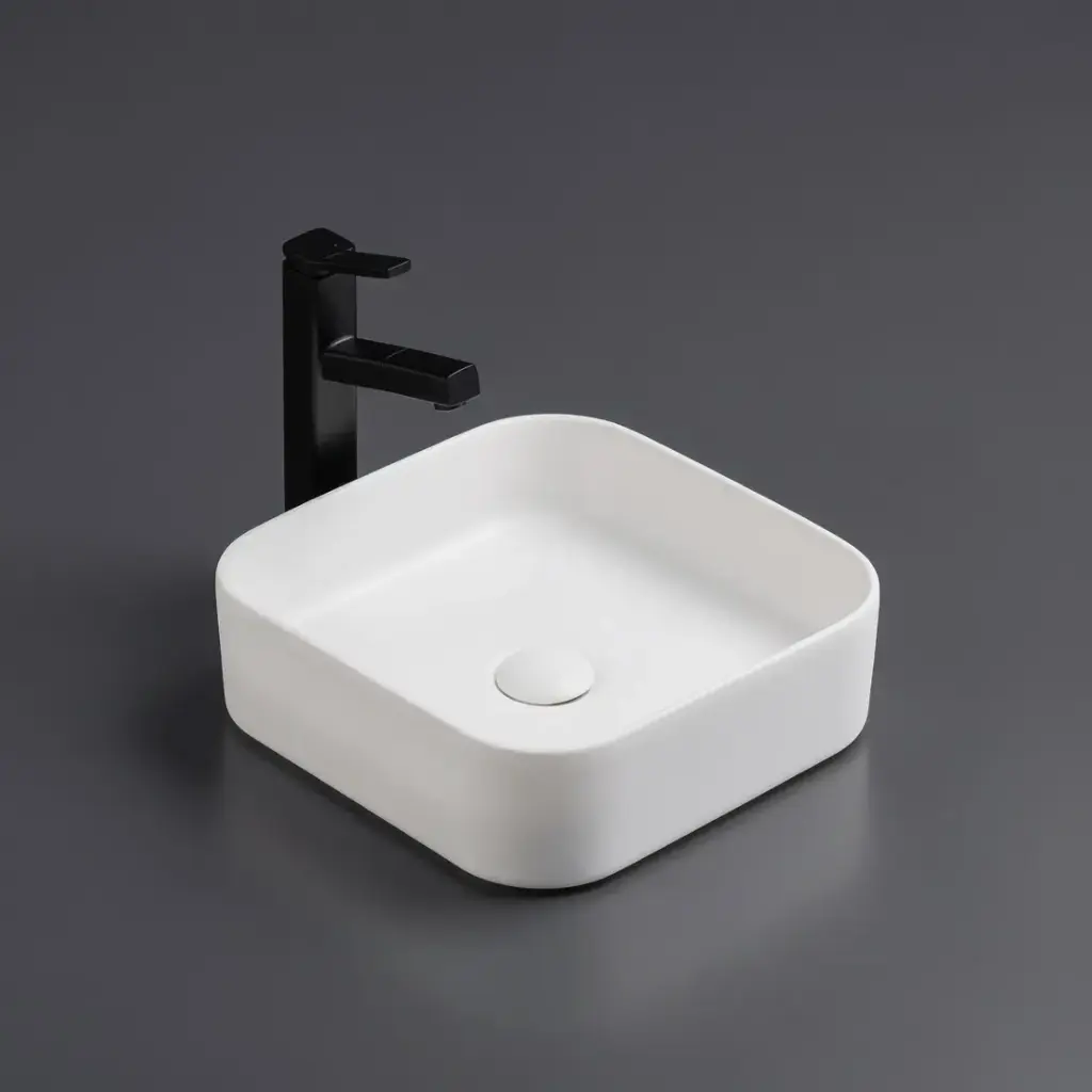 370*370*113mm Matte White Kliff Fine Ceramic Above Counter Basin No Overflow,32mm Waste