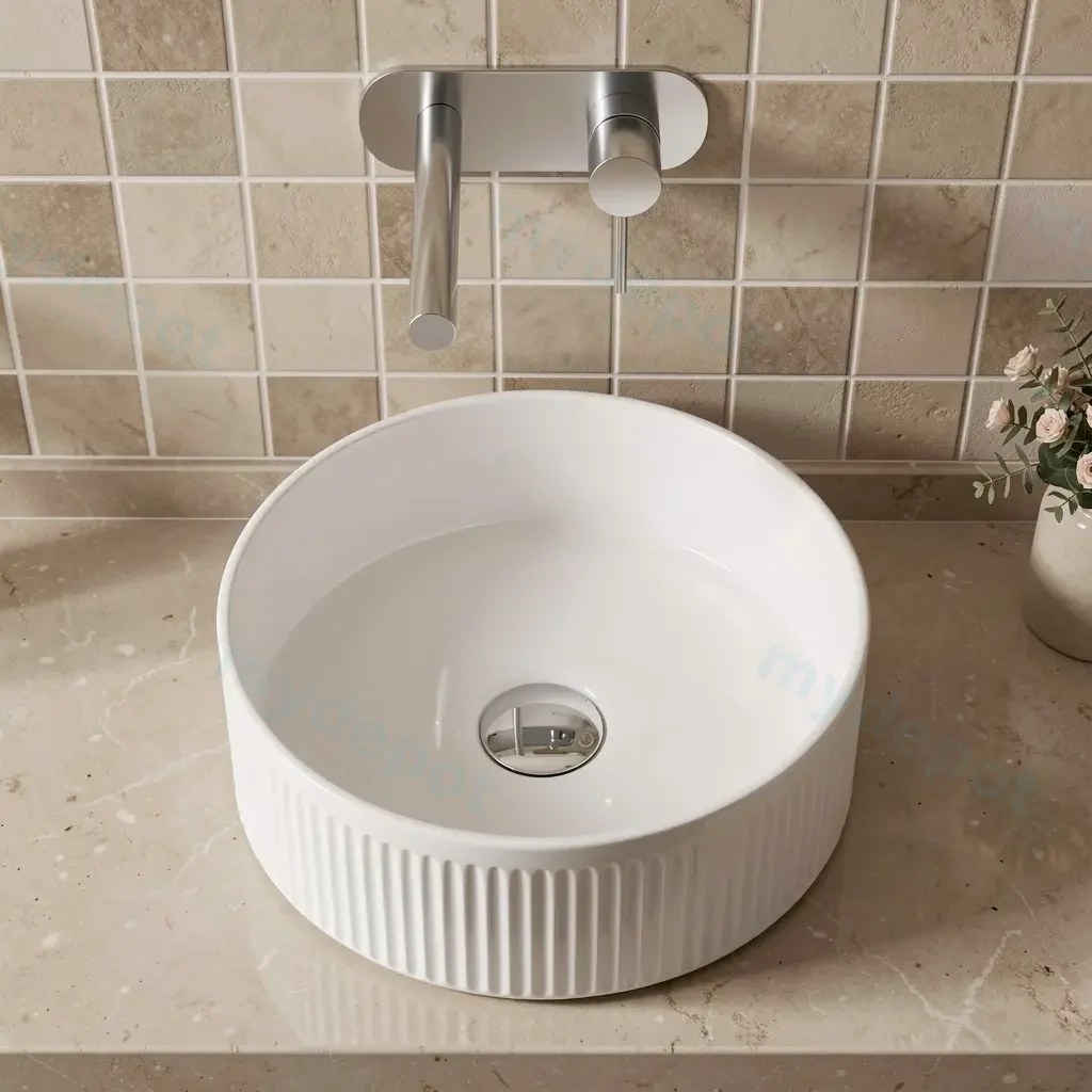 [90191/ACF370R] 370x370x130mm Round Fluted Gloss White Ceramic Art Basin Above Counter Basin Non-overflow