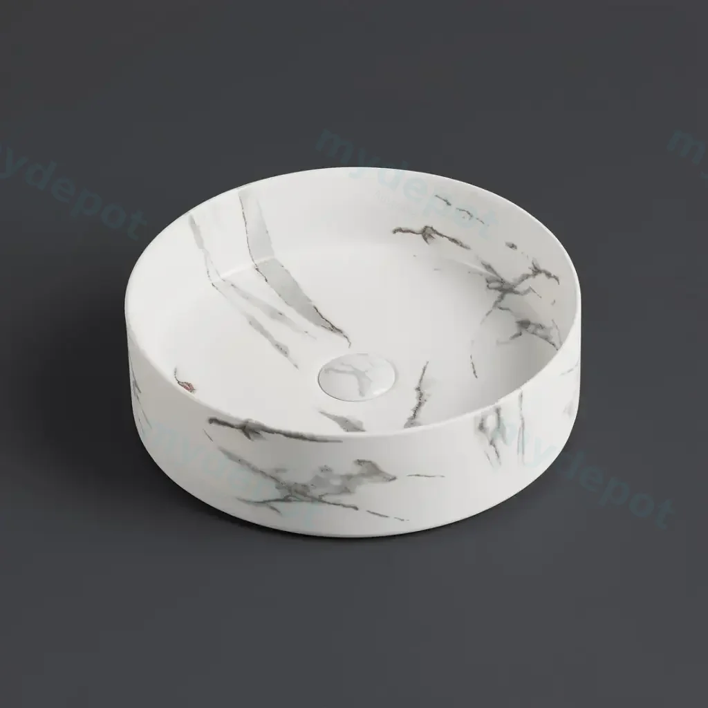 [55470] 395*395*115mm Matte Carrara White And Bronze Olley Fine Ceramic Above Counter Basin No Overflow,32mm Waste