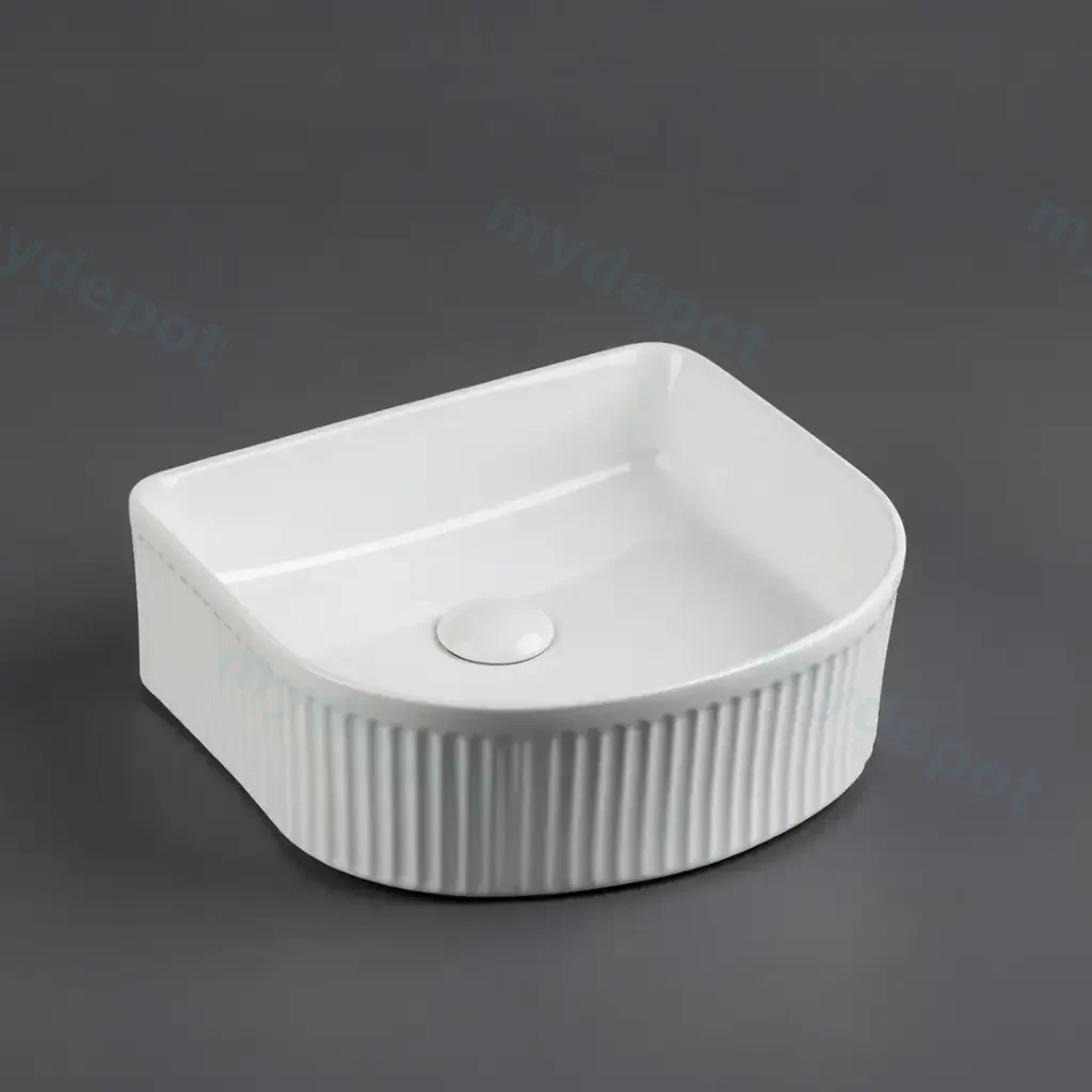 [55413] 400*350*130mm Gloss White Arco Flueted Fine Ceramic Above Counter Basin No Overflow 32mm Waste