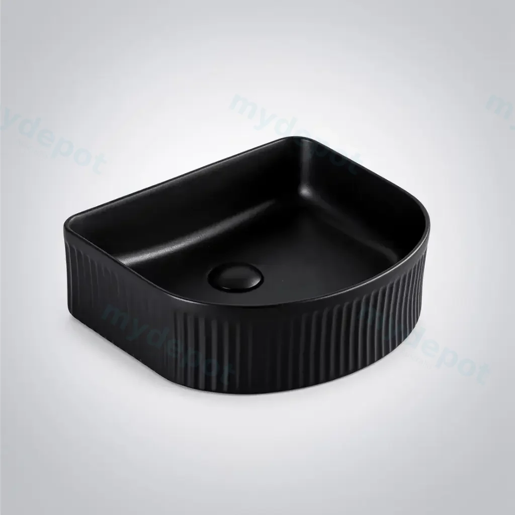 [55414] 400*350*130mm Matt Black Arco Flueted Fine Ceramic Above Counter Basin No Overflow 32mm Waste