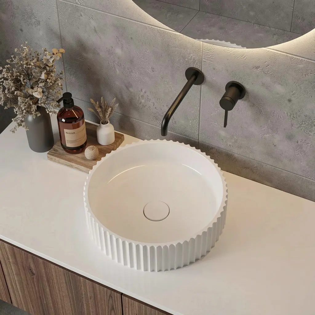 400*400*120mm Matt White Olley Fluted Solid Surface Above Counter Basin 32mm Waste